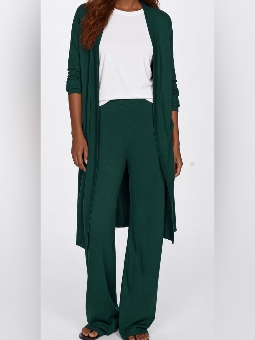 2 Piece Set: Dark Emerald Green Long Cardigan & Flowy Pants by MANGO: Size Small